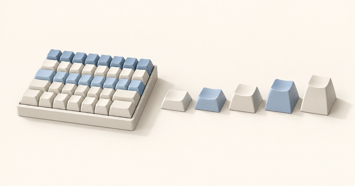 Compact keyboard with blank cream and blue keycaps beside five loose keycaps lined up from short to tall, showing different row profile heights