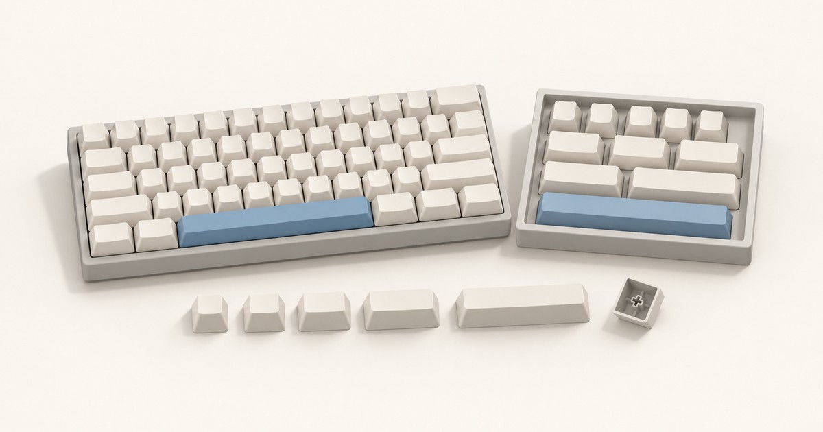 Blank cream keyboard with a blue spacebar beside a tray of spare keycaps, above a row of loose caps graded by width and one flipped to show its stem