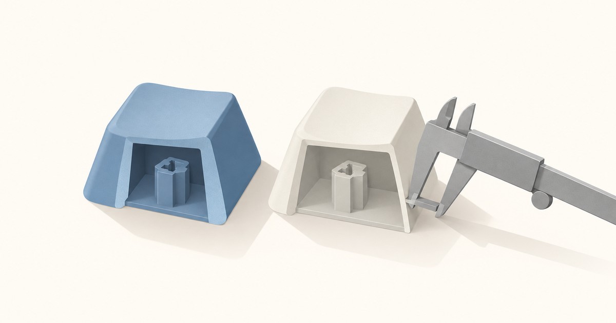 A blue keycap and a white keycap tilted to show their hollow undersides and stems, with a steel caliper gauging the white cap's wall thickness.
