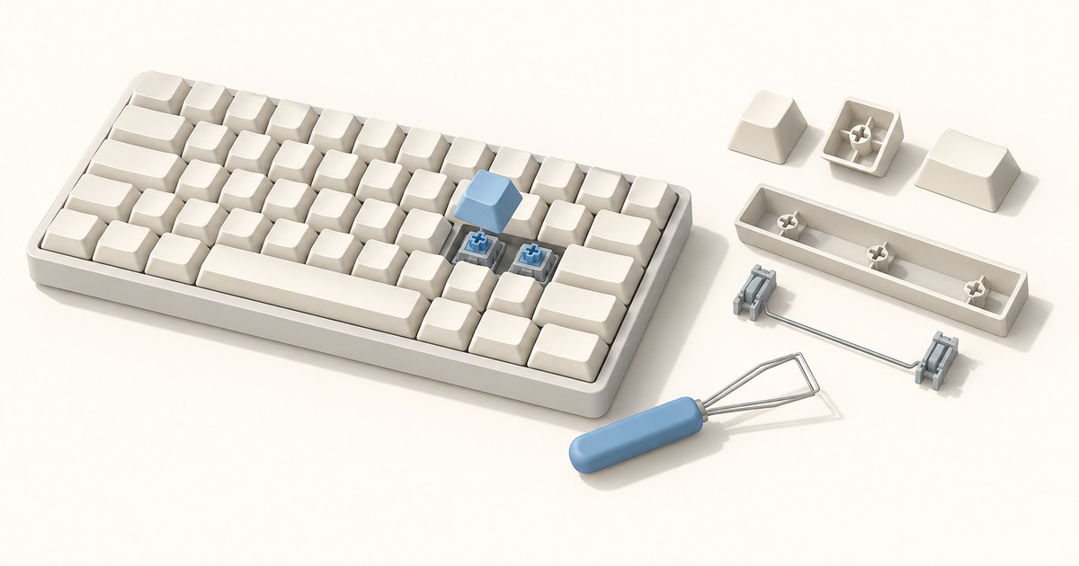 Cream mechanical keyboard with a blue keycap lifted off exposed switches, beside loose keycaps showing cross stems, a stabilizer wire, and a keycap puller